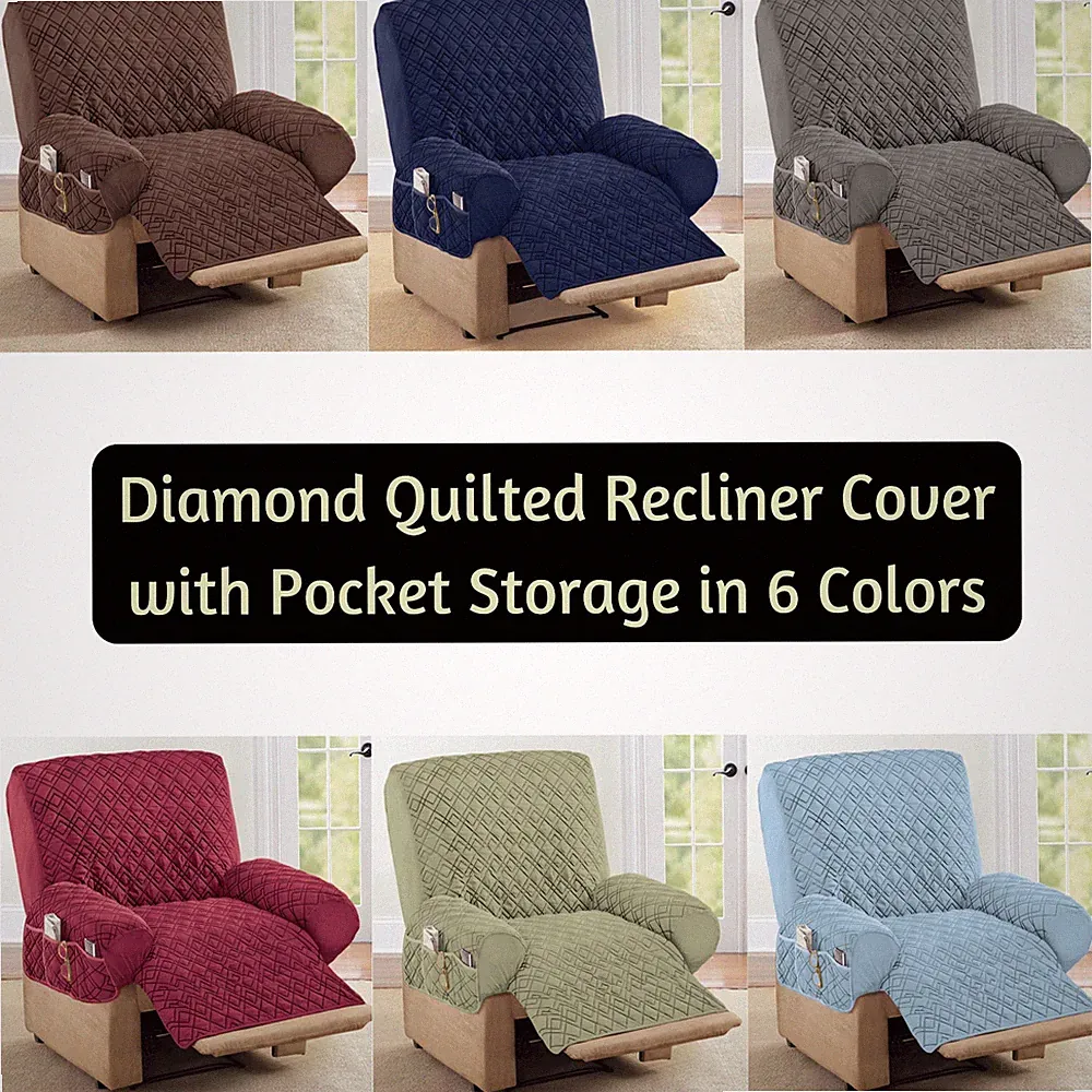 Diamond Quilted Stretch Recliner Chair Cover with Pocket Storage in 6 Colors