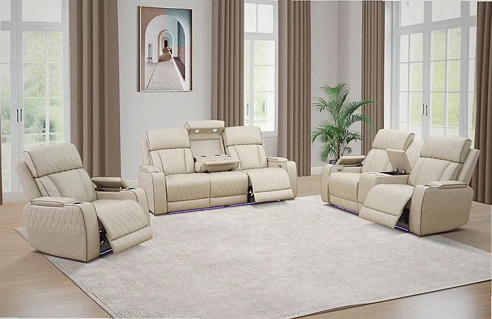 NEW Cream Beige LED Power Recliner 3PC Sofa Loveseat Chair Set Wireless Charging